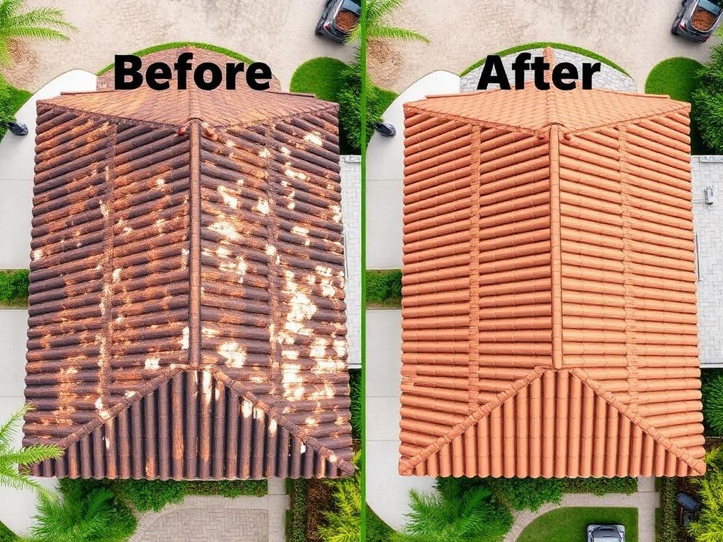 Before and after soft wash roof cleaning on a Florida roof